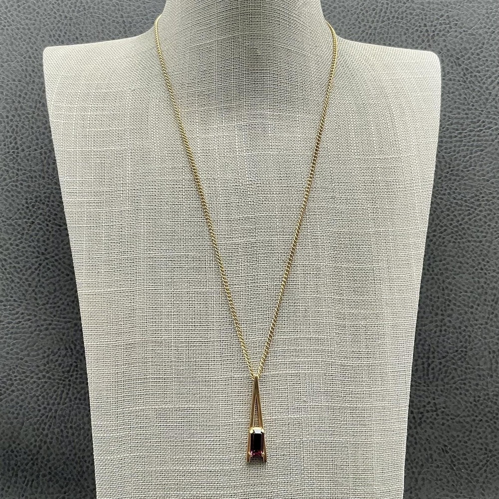 Vintage Avon Necklace Gold Tone Purple Stone Triangle PLAZA‎ Pendant 22 Inch